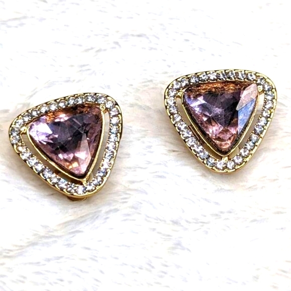 Vintage 90's Pink and Clear Triangle Rhinestone Clip Earrings - Picture 6 of 10